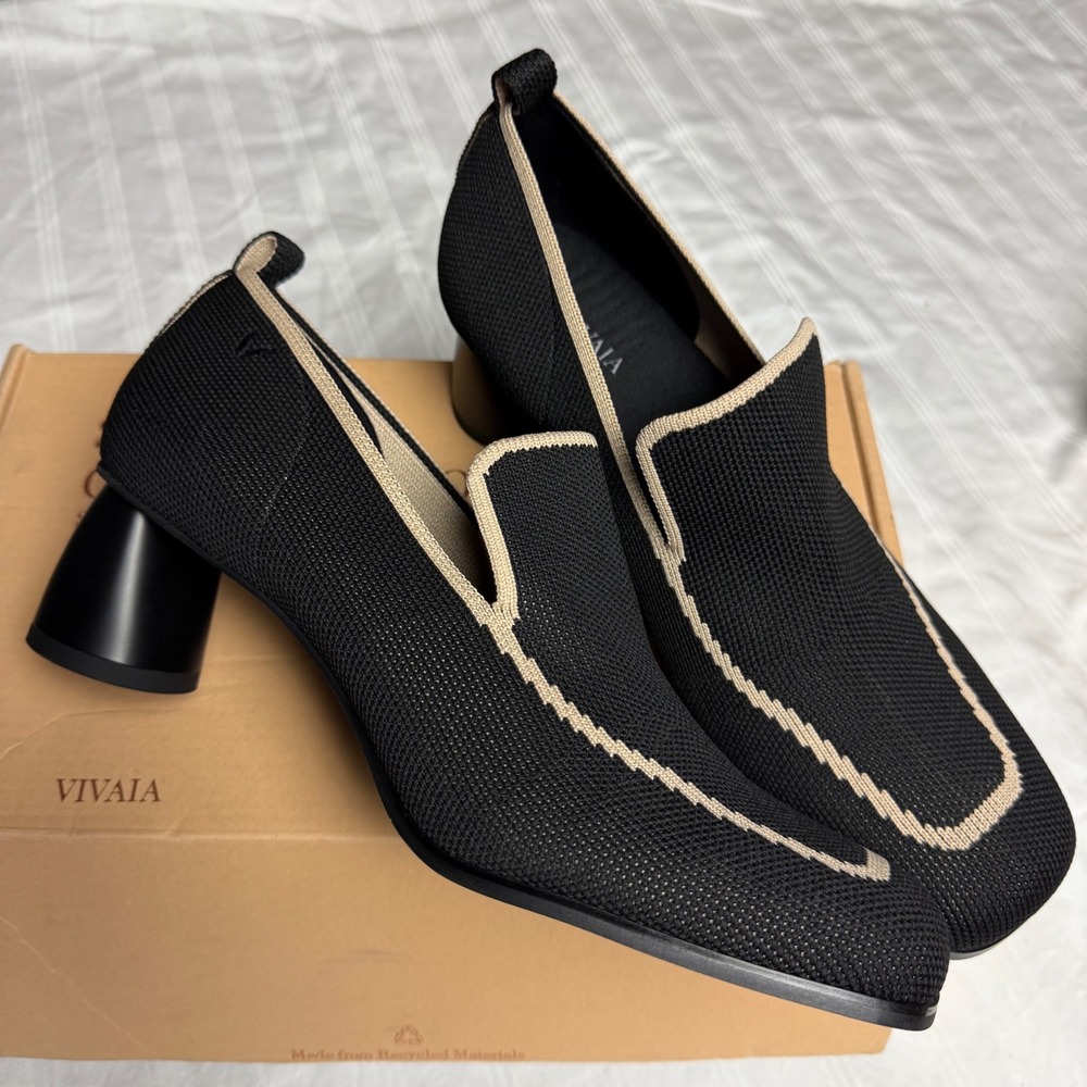 VIVAIA Block Heel Knit Loafers Squared Toe Slip On Shoes Black Size‎ 9.5 EUR 41